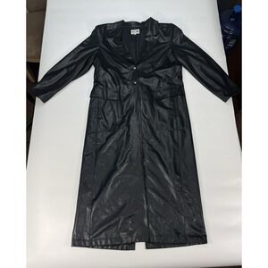 City Girl by Nancy Bolen Black Leather Trench Coat Long Button Front Size 16